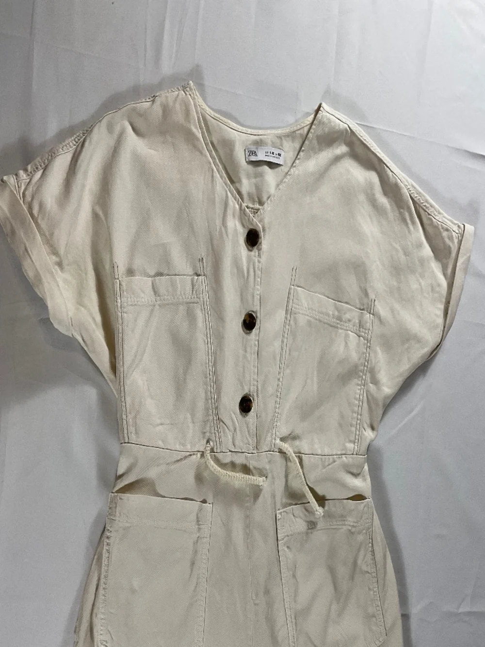 Zara Girls Cream Short Sleeve Linen Blend Utility Romper with Pockets Size 11-12